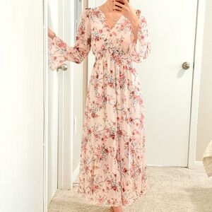 #064 | S/M | Floral V-Neck Ruffle Long Sleeve Midi/Maxi Dress | Pink